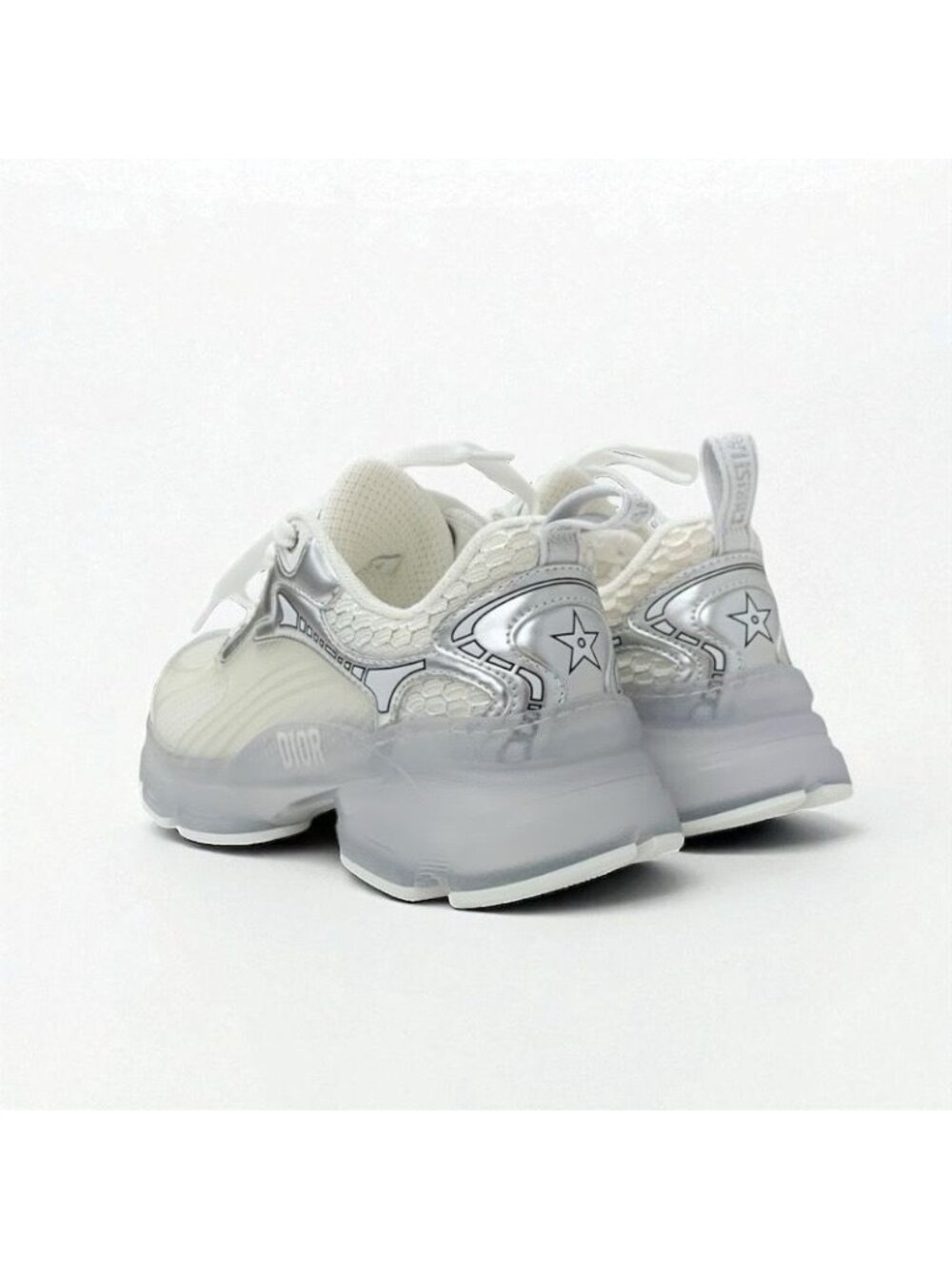 Christian Dior Sneakers Shoes Leather Rubber Silver White Logo Mesh - Picture 4 of 9